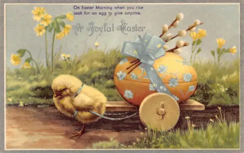 B425 Ostern Blumenmuster Eierwagen gezeichnet von Chick Pussy Willow Postkarte