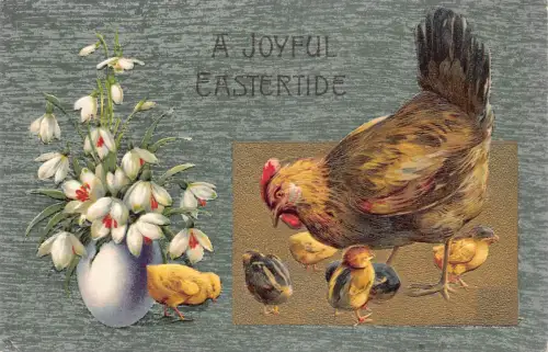 B425 Ostergrüße Schneeglöckchen Blumen Familie Hühner Henne geprägte Postkarte