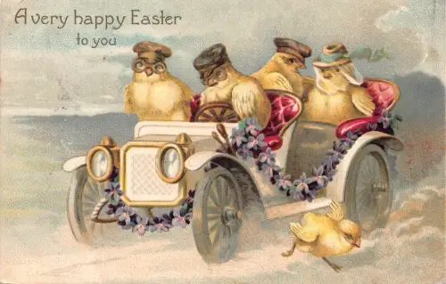 B425 Ostergrüße 1908 Humanisierte Küken fahren Oldtimer Veilchen Postkarte