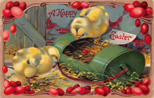 B425 Ostergrüße Küken suchen Marienkäfer im Heustall rote Eier Postkarte