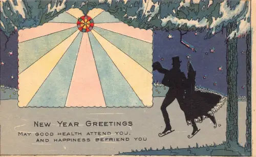 B425 Neujahrsgrüße Silhouette Skaterpaar Stars Kunst Postkarte