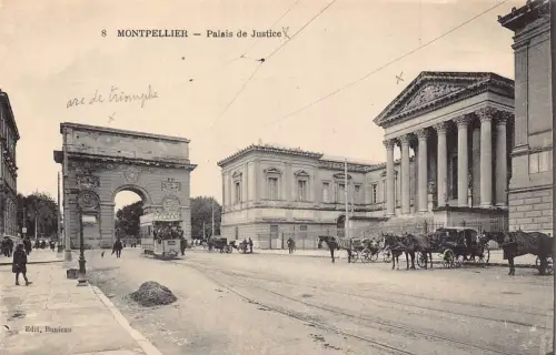 Frankreich Montpellier Palais de Justice Palace Kutsche Straßenbahn Vintage Postkarte