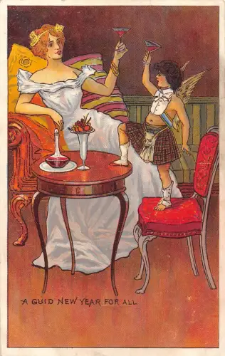 B425 Neujahrsgrüße Fantasy Cherub Clinks Champagnerglas Dame Postkarte