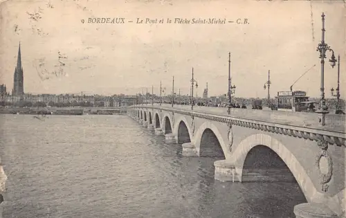 Frankreich Bordeaux Pont et Fleche Saint Michel Brücke Straßenbahn Vintage Postkarte