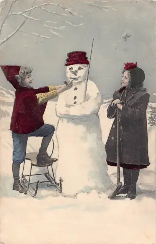 B425 Weihnachtsgrüße Kinder Schneemann Pfeife rauchender Schlitten 1907 Postkarte