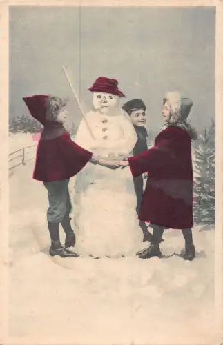 B425 Weihnachtsgrüße Kinder tanzen um Pfeife rauchend Schneemann Postkarte