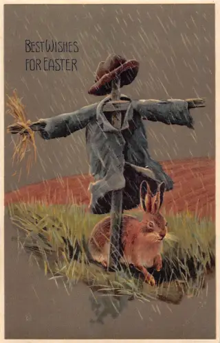 B425 Ostergrüße Hase Häschen versteckt sich unter Vogelscheuchenregen Prägepostkarte
