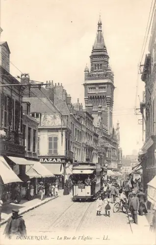 Frankreich Dunkerque Rue de l'Eglise Straßenbahn Basar Kirche Vintage Postkarte B848