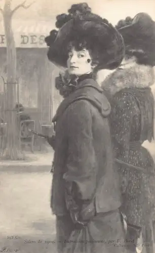L464 Salon de 1904 Impression Parisienne von Buret ausgefallene Hüte Frauen Postkarte