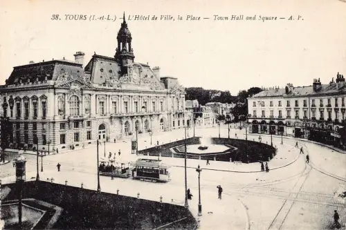 Frankreich Touren Platz Rathaus Straßenbahn Vintage Postkarte