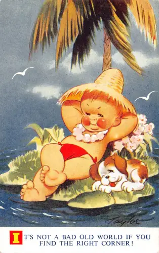 Kinder Bamforth Comic Humor Junge und Hund entspannen auf der Insel nicht schlecht! Postkarte