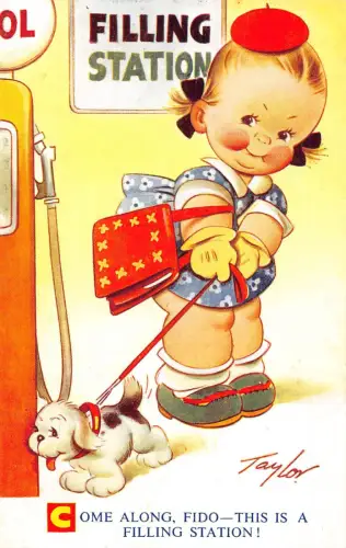 Kinder Bamforth Comic Humor Mädchen Hund an Tankstelle Vintage Postkarte