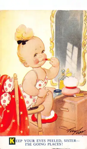 Kinder Bamforth Comic Humor Mädchen schminken 1954 Augen offen halten Postkarte