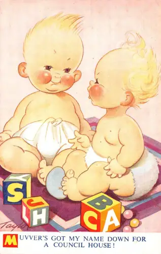 Kinder Bamforth Comic Humor Baby Jungen in Windeln Würfel Ratshaus Postkarte