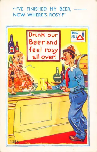 Comic-Humor 1964 Kneipenmann trinkt Bier raucht Zigarre fühlt sich überall rosig an! Postkarte