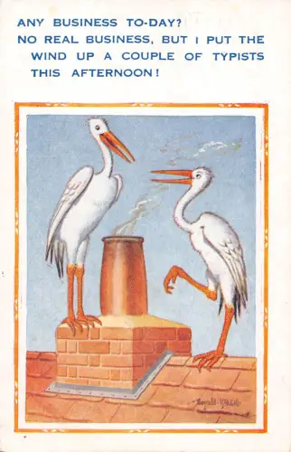 Comic Humor 1947 Humanisierte Störche sprechen in der Nähe des Schornsteinhauses Postkarte