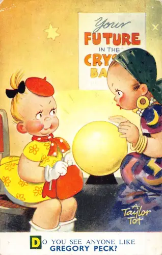 Bamforth Kinder Comic 1953 Mädchen besucht Wahrsagerin Gregory Peck Postkarte