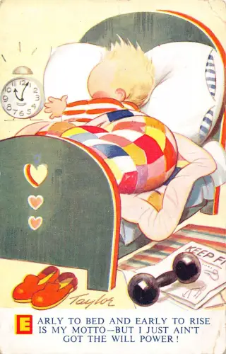 Kinder Bamforth Comic Humor Junge Schlaf Wecker Gewichtheben Schuhe Postkarte