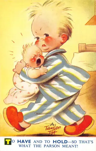 Bamforth Kinder Comic Junge fürsorgliches Baby, was der Pfarrer meinte! Postkarte