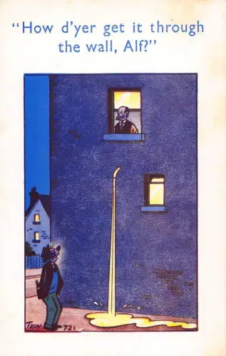 Comic Humor Flüssigkeit durch Wall Man Fenster Wie kommt man durch? Postkarte