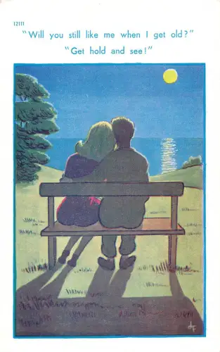 Comic Humor Paar auf Bank Mondlicht Magst du mich immer noch, wenn ich alt werde? Postkarte
