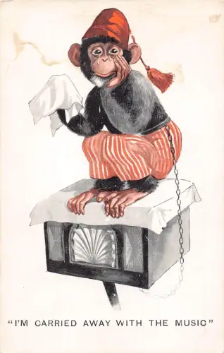 Comic Humor Affe Zirkus in Kette weint bei Abholung weggetragen Musik Postkarte