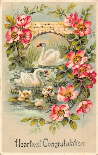 Herzlichster Glückwunsch 1911 Wildrosen Lotusblumen Schwäne Brücke Postkarte