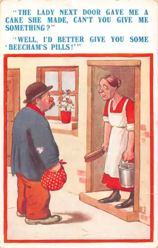 Comic Humor 1934 Armer Mann vor Frauenhaus Beechams Pillen Postkarte