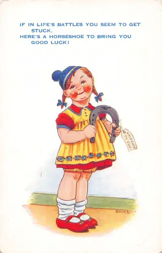 Grüße süßes Mädchen hält Hufeisen, um Ihnen viel Glück zu bringen Postkarte