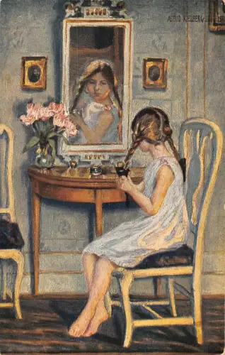 B088 Kunst von A Kjellberg Juel Mädchen Flechten Haare Krone Brikett Werbepostkarte