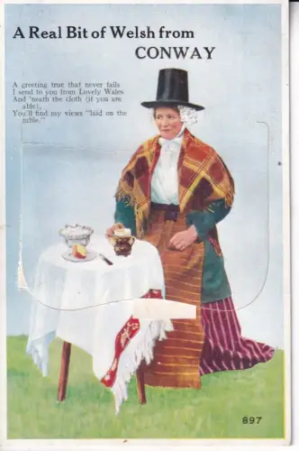B081 Neuheit ausziehbares echtes Stück Walisisch von Conway Folk Woman Tee Postkarte