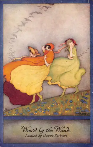 B088 Mädchen gehen im Feld im Wind Vögel Mode Kunst von Jennie Harbow Postkarte