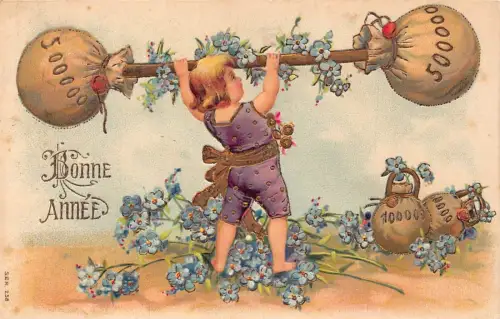 G008 Neujahrskind Vergissmeinnicht Blumen Geldtüten Glück geprägte Postkarte