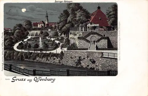 Deutschland Gruss aus Offenburg Zwinger Anlagen Moonlight Vintage Postkarte B999
