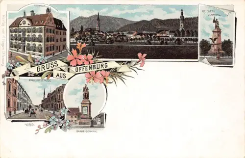 Deutschland Gruss aus Offenburg Drake Denkmal Rathaus Blumen Litho Postkarte B999