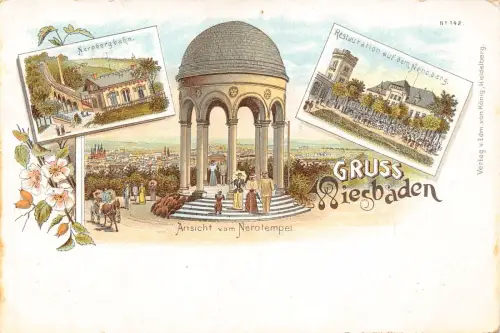 Deutschland Gruss aus Wiesbaden Ansicht vo Nerotempel Restaurant Litho Postkarte B999