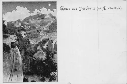 Deutschland Gruss aus Loschwitz mit Drahtseibahn Zug Mondschein Postkarte B999