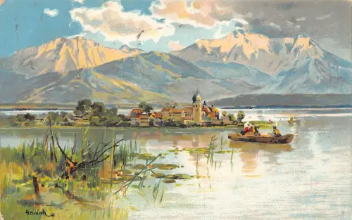 Deutschland 1904 Chiemsee Blick zur Frauen-Insel Kunst von Heinisch Postkarte B999