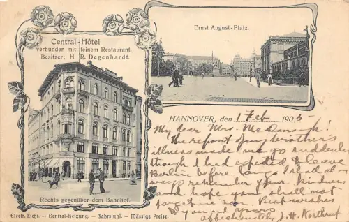 Deutschland 1903 Hannover Zentralhotel Ernst August Platz Blumen Postkarte C311