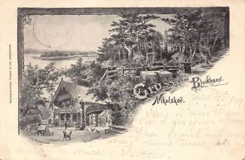 Deutschland 1899 Berlin Gruss aus Blockhaus Nikolskoe Restaurant Postkarte C311