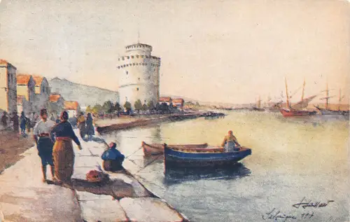 B217 Griechenland Salonique Thessaloniki Weißer Turm Boote Kunst Postkarte