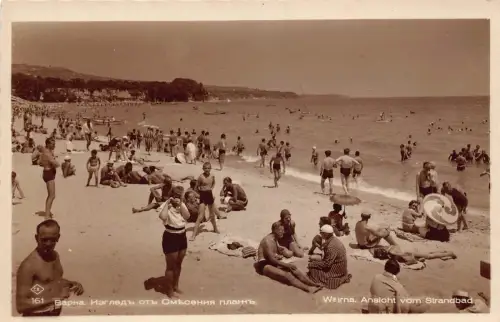 Bulgarien 1935 Varna Strandbad Menschen am Strand Meer RPPC Postkarte C378