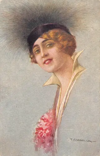 Art Deco Frau Portrait Feder Hut Blumen Kunst von Tito Corbella Postkarte C385