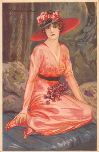 Art Deco Glamour Frau im rosa Hut Kleid Pose Kunst von Tito Corbella Postkarte C385