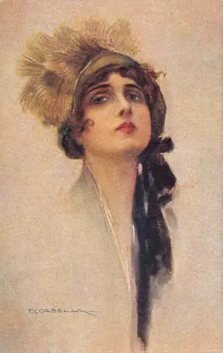 Art Deco Portrait Dame Federn Hut Kunst von Tito Corbella Postkarte C385