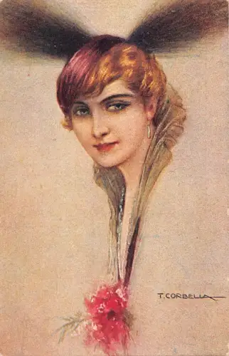 Art Deco Portrait Dame Federn Hut Kurzhaar Kunst Tito Corbella Postkarte C385