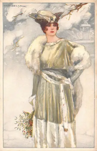 Mode Glamour Dame im Wintermantel Mistelzweig Kunst Tito Corbella Postkarte C385