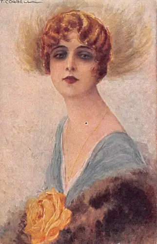 Glamour Mode Kurzhaar Frau Rose Pelzmantel Kunst Tito Corbella Postkarte C385