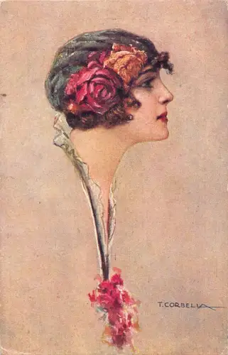 Glamour Art Deco 1918 Frau Rosen Kunst von Tito Corbella WWI Feldpostkarte C385