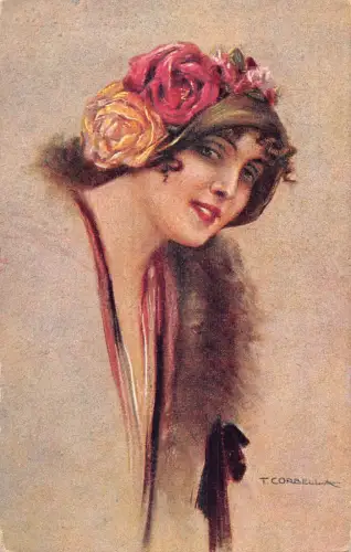 Glamour Art Deco Frau Rosen im Hut Kunst von Tito Corbella Postkarte C385